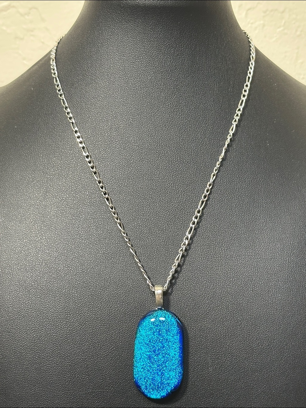 Dichroic Fused Glass Oval Pendant Shimmering Blue Necklace
